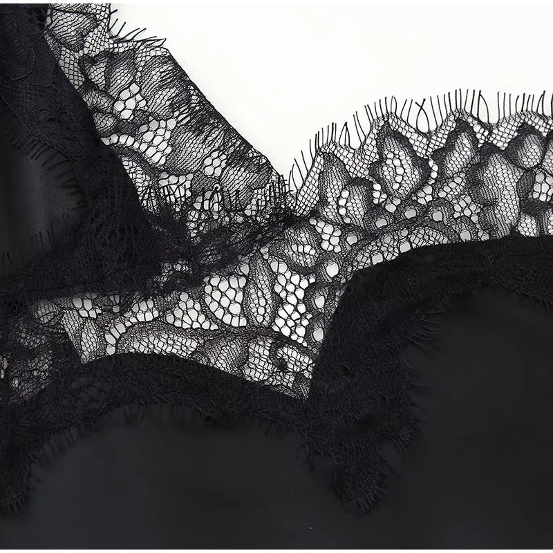 Brown Satin Lace Splicing Sling Dress Women Elegant Irregular Hem V Neck Backless Sleeveless Gown Chic Women Party Club Vestidos