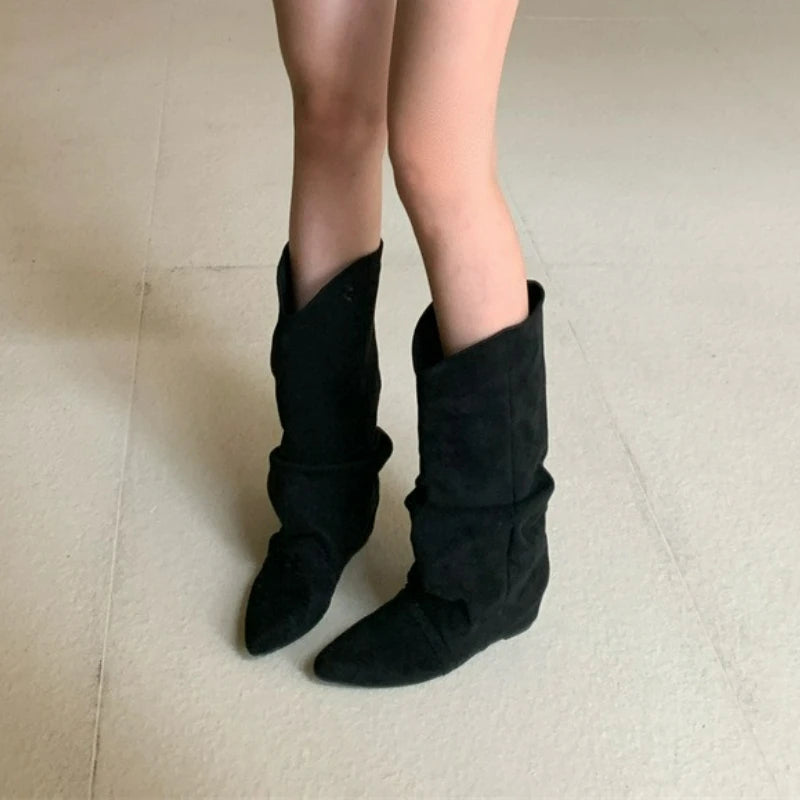 Pleated Pointed Toe Mid Calf Western Boots for Women