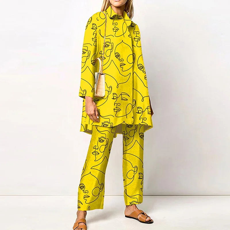 2022 Sets Womens Outfits Elegant Loungewear Print Spring Autumn 2PCS Ladies Suit Long Sleeve Wide Leg Pants Loose Fit Streetwear