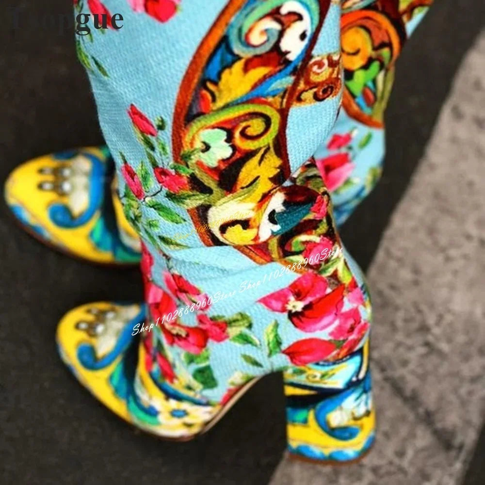 Knee High Trendy Mixed Color Floral Boots Chunky High Heel Shoes For Women Slip On Round Toe 2024 Fashion Zapatos Para Mujere