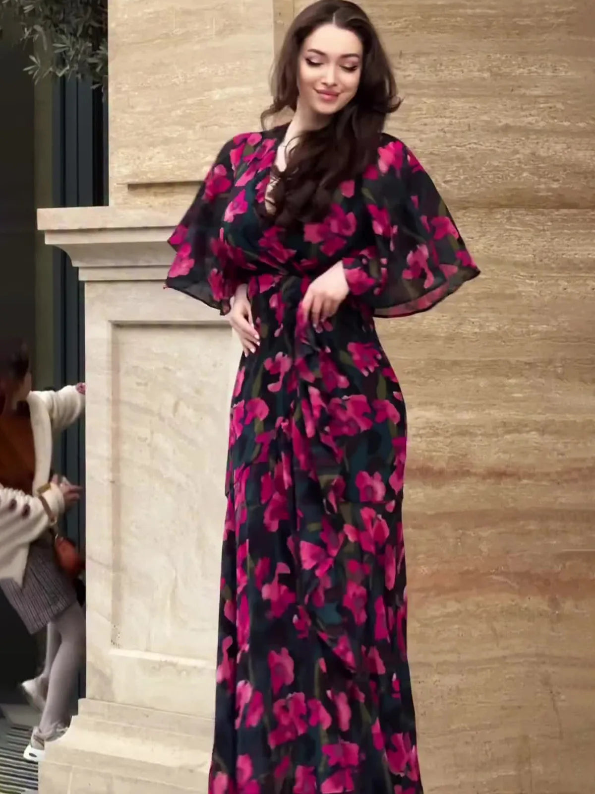 V Neck Floral Print Short Sleeve Ankle Length Dress for Women