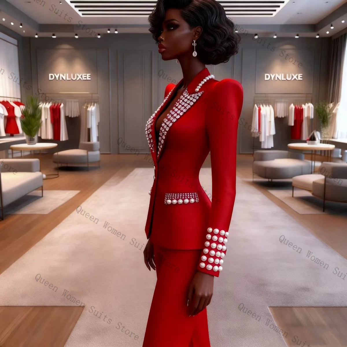 Classic Red Cotton Single Breasted Two Piece Suit For Women