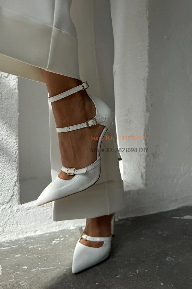 Patent Leather Pointed Toe Pumps With Three Belt Buckle Straps for Women