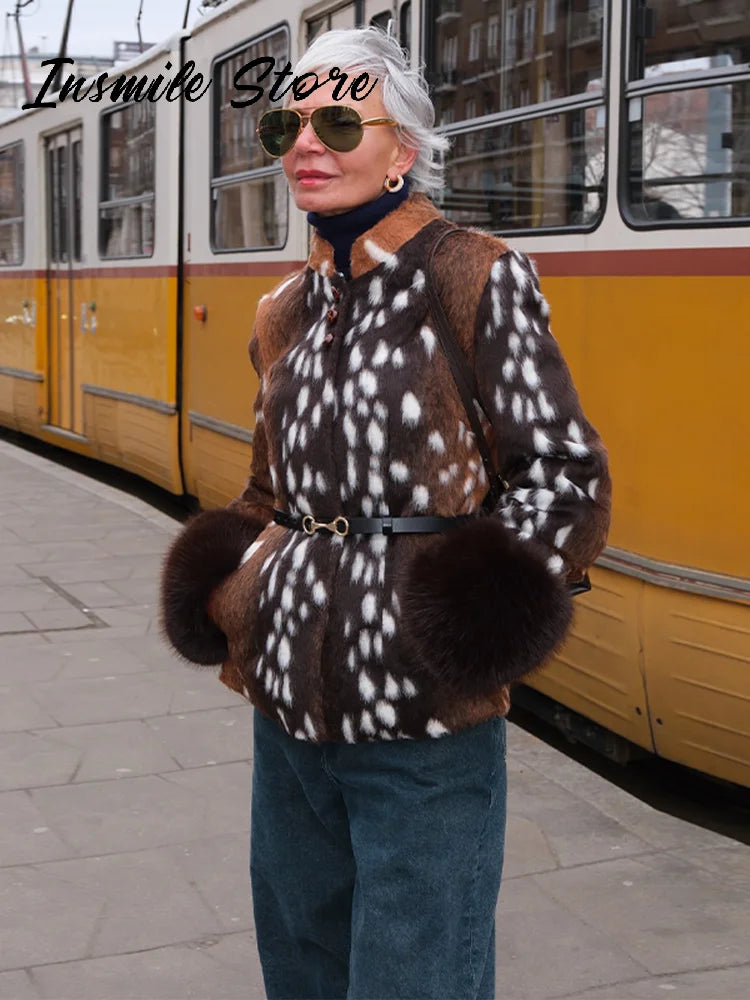 Fitted Vintage Leopard Patchwork Faux Fur Coat for Women