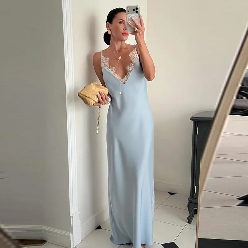 Elegant Lace V Neck Backless Maxi Evening Dress for Women