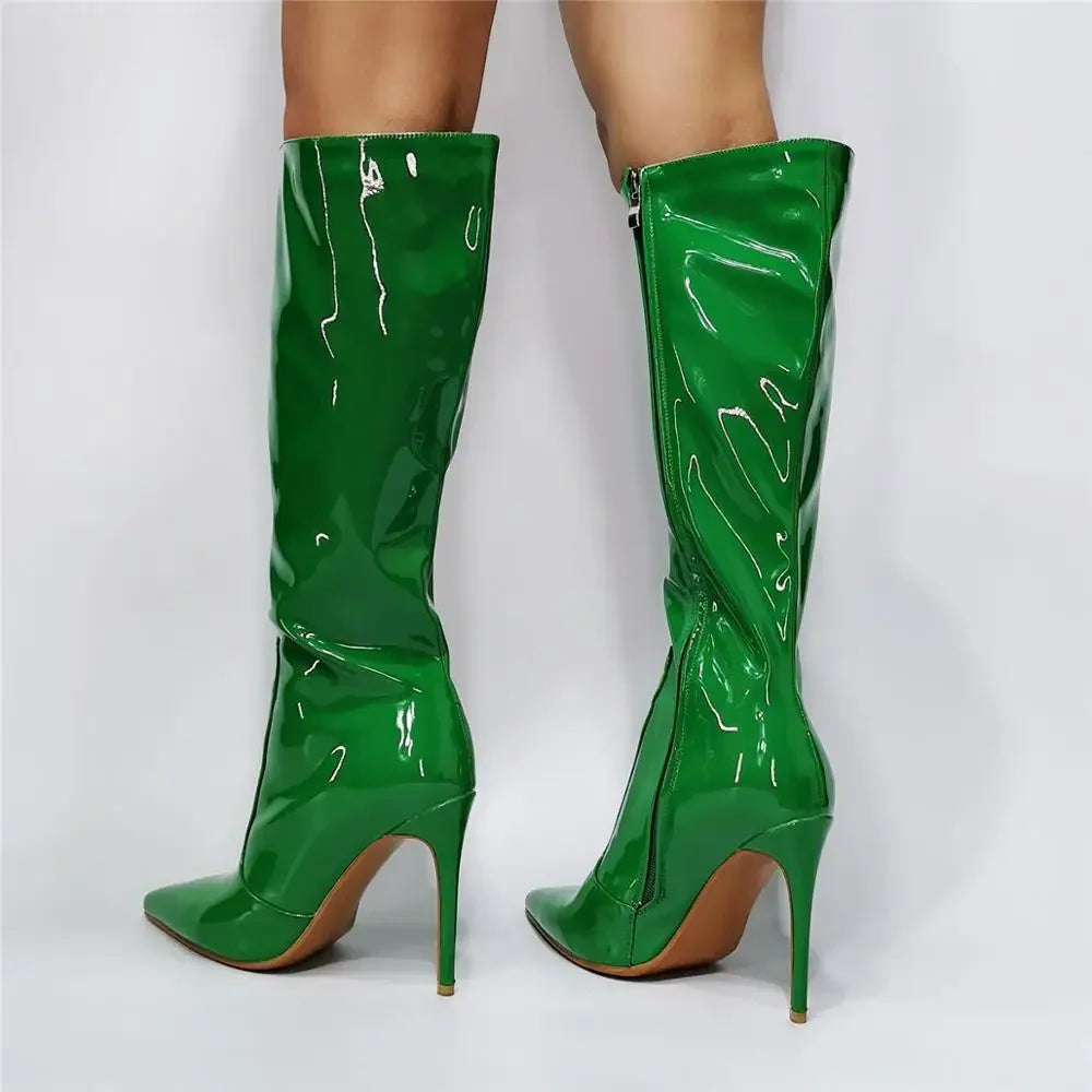 Real Photo Woman Green High Heel Pointed Toe Knee High Boots Woman Pointed Toe Green Knee Long Boots High Heel Boots