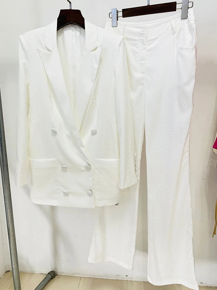 HIGH STREET Newest 2026 Designer Runway Suit Set Women's Double Breasted Buttons Monogram Jacquard Thin Blazer Pants Set 2pcs
