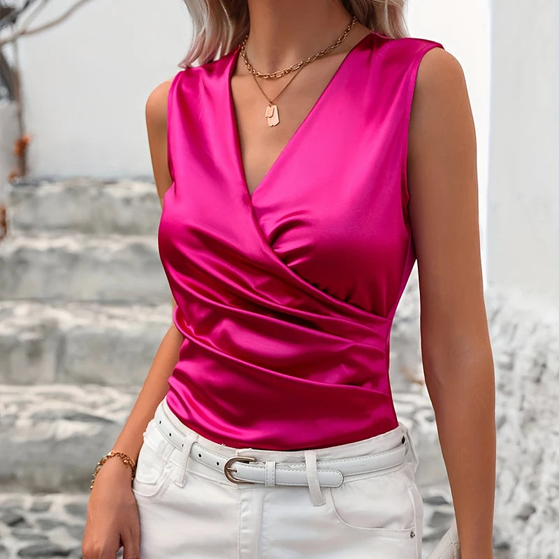 Luxury Pink Red Basic Women Silk-Like Satin Tank Tops Vest Summer Sexy Camis Tank For Ladies  Backless Camisole Top Shirts Femme