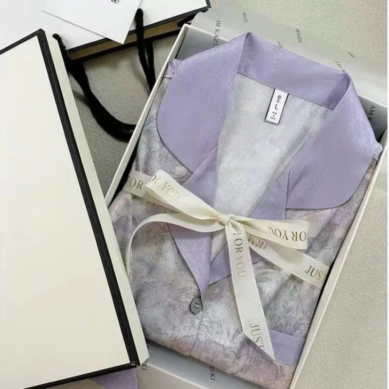 Flowers Twill Print Classy Women's Pajamas Spring Autumn Two-piece Sets Long Female Lounges Simulated Silk 2024 New Y2k Homewear
