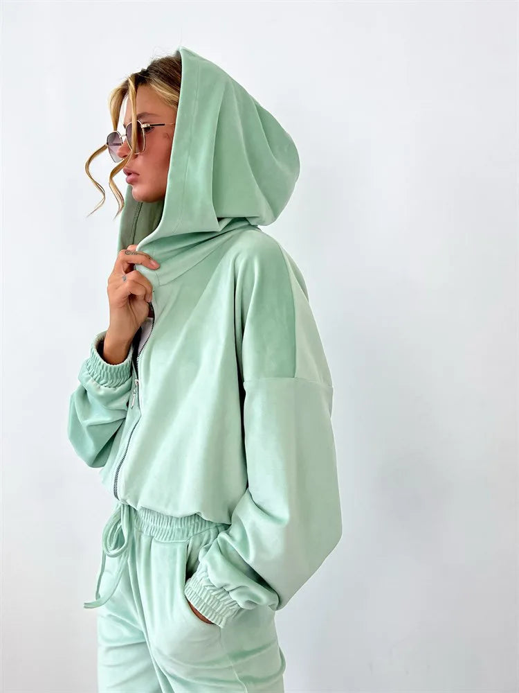 Hooded Zipper Hoodie and Trouser Tracksuit Set for Women