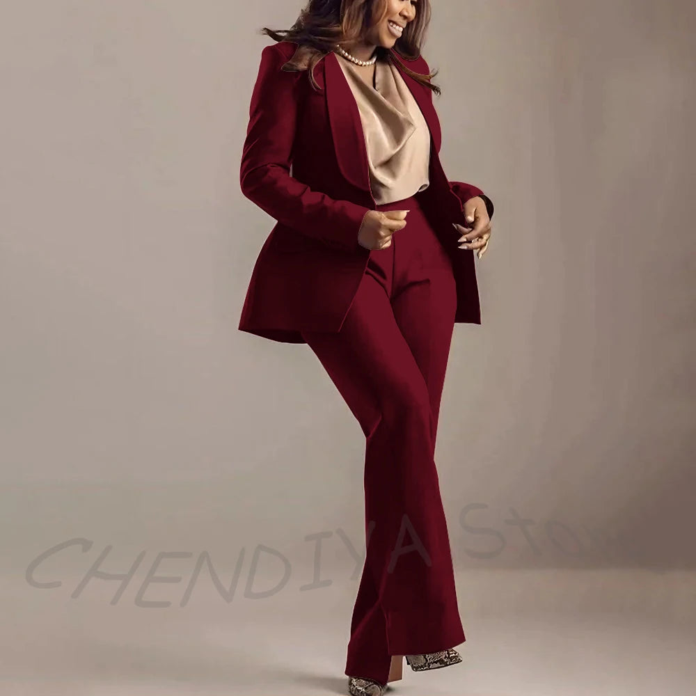 Classic Brown Women Suits Shawl Lapel Slim Fit Solid Color Formal Sets 2 Piece High Quality Office Lady Outfits Jacket Pants