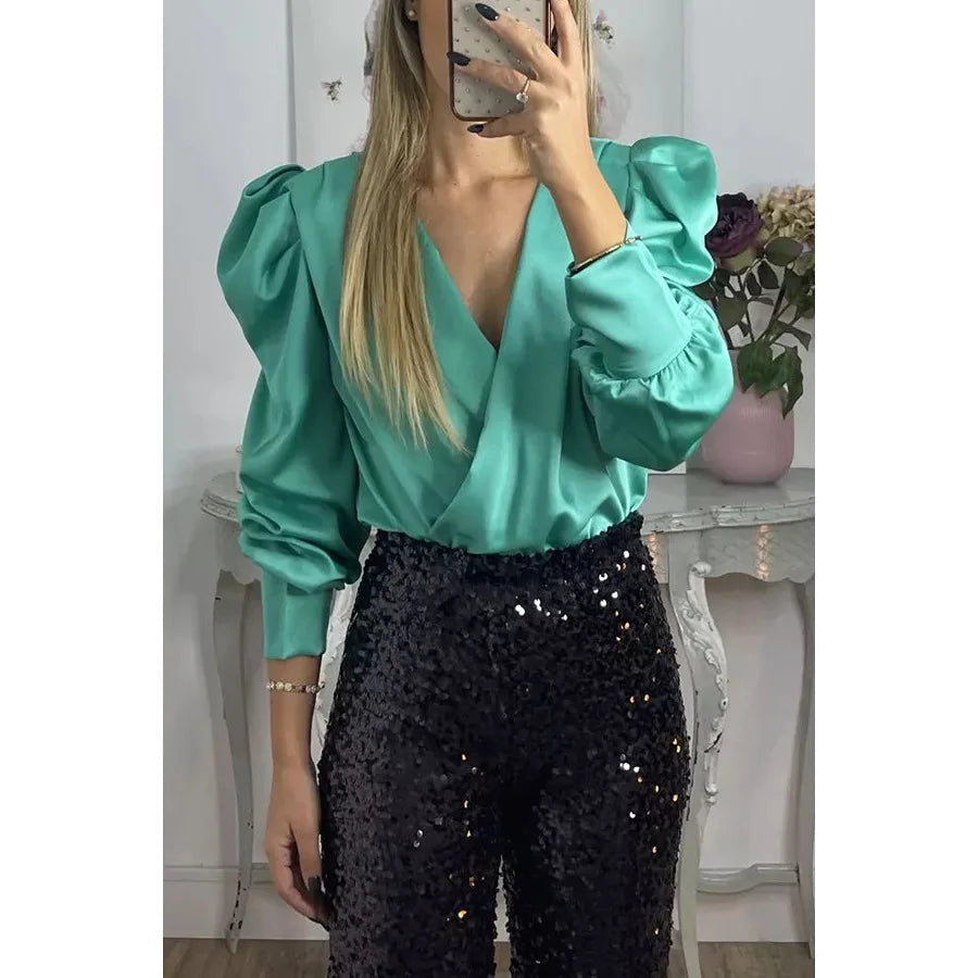 Spring Solid Color Commute Satin Shirt Pullover Fashion V-Neck Puff Long Sleeve Blouses Female Temperament Pleated Ruffled Tops