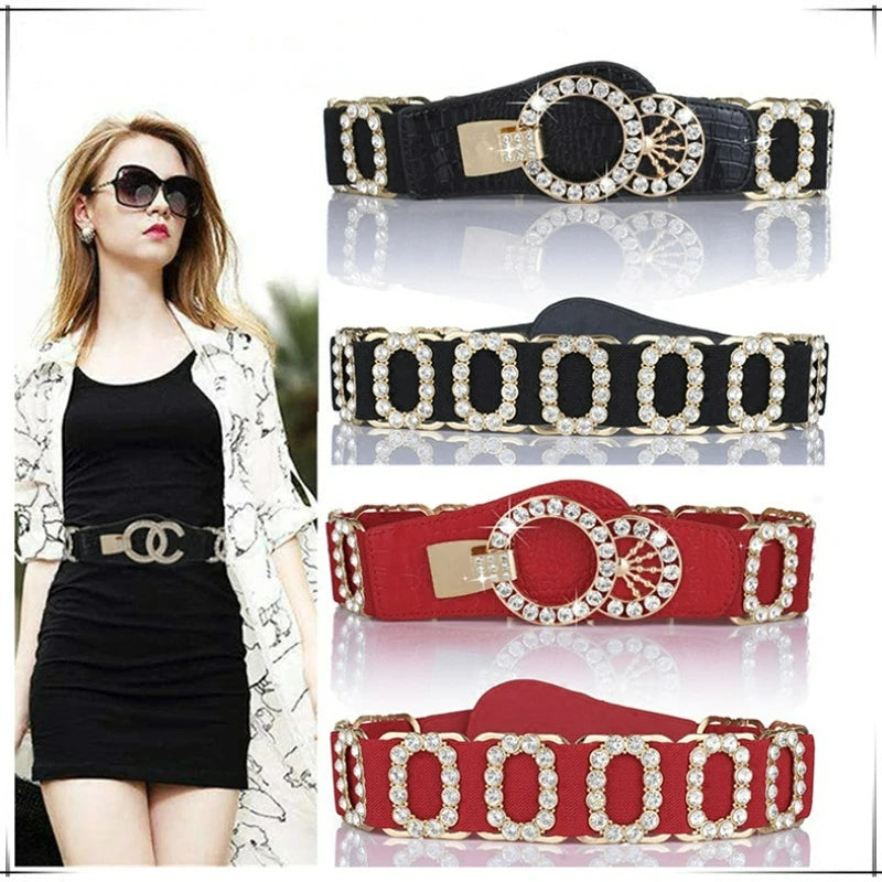 Crystal Rhinestone Wide Elastic Waist Belt for Women