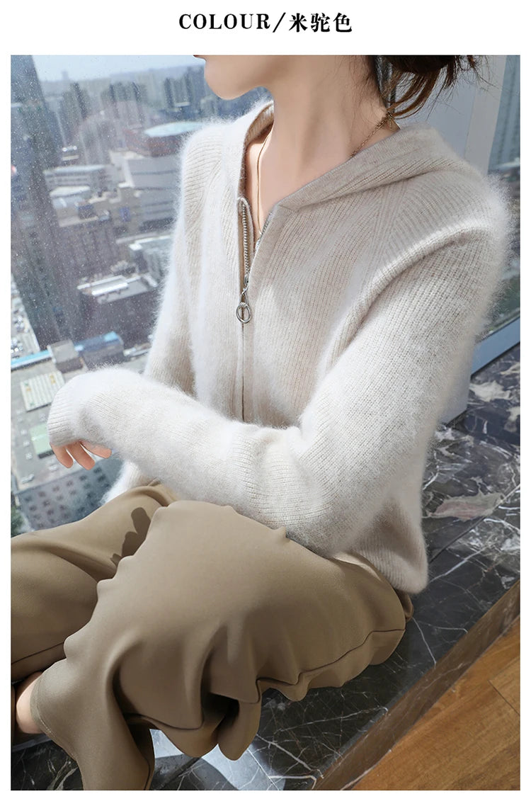 Loose Hooded Cashmere Knit Zipper Cardigan for Women