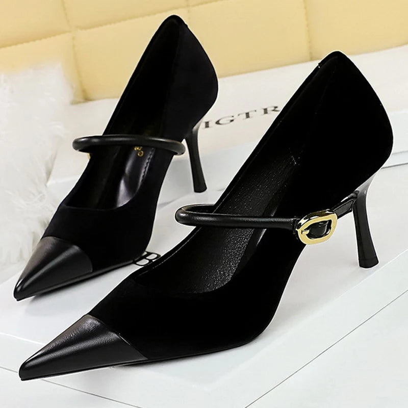 Suede Buckle Strap Pointed Toe Stiletto Pumps for Women