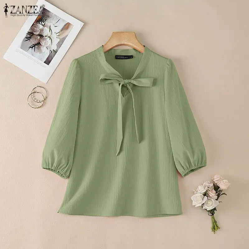 Crinkled Bow Tie Neck Puff Sleeve Blouse for Women