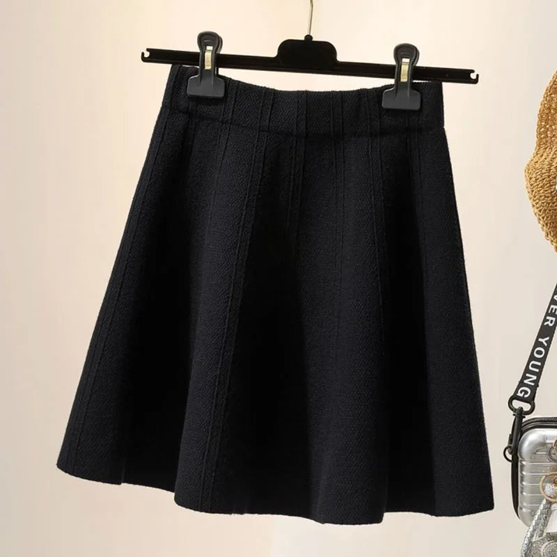 Solid Color High Waist Elastic Knitted Mini Skirt For Women