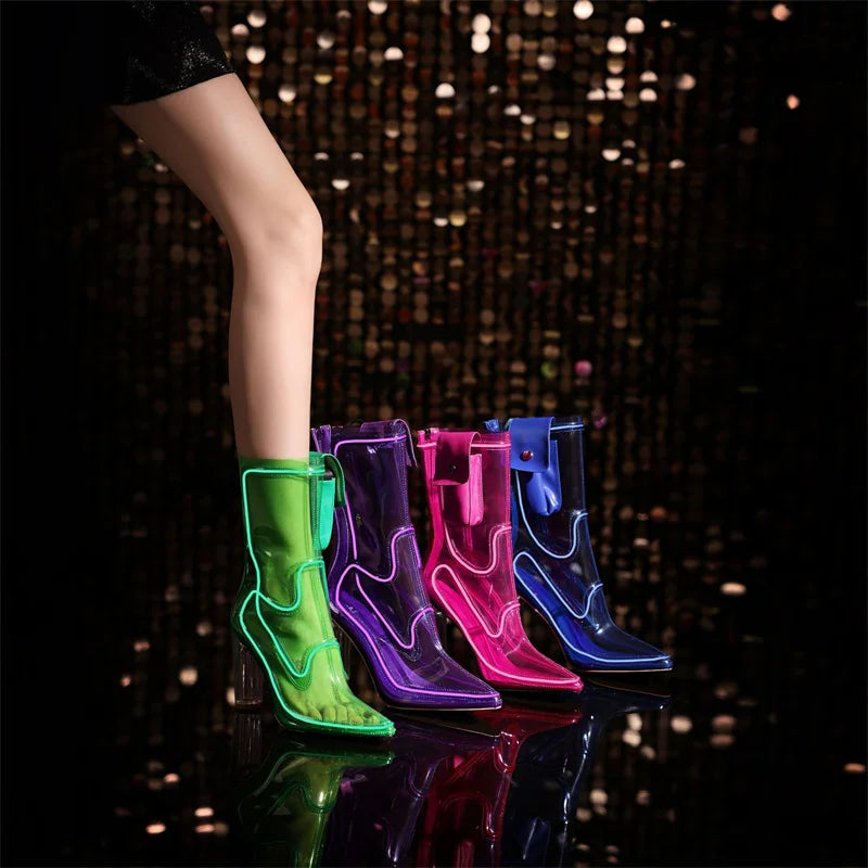 Candy Color PVC Ankle Boots Square Toe High Heels with Zipper for Women