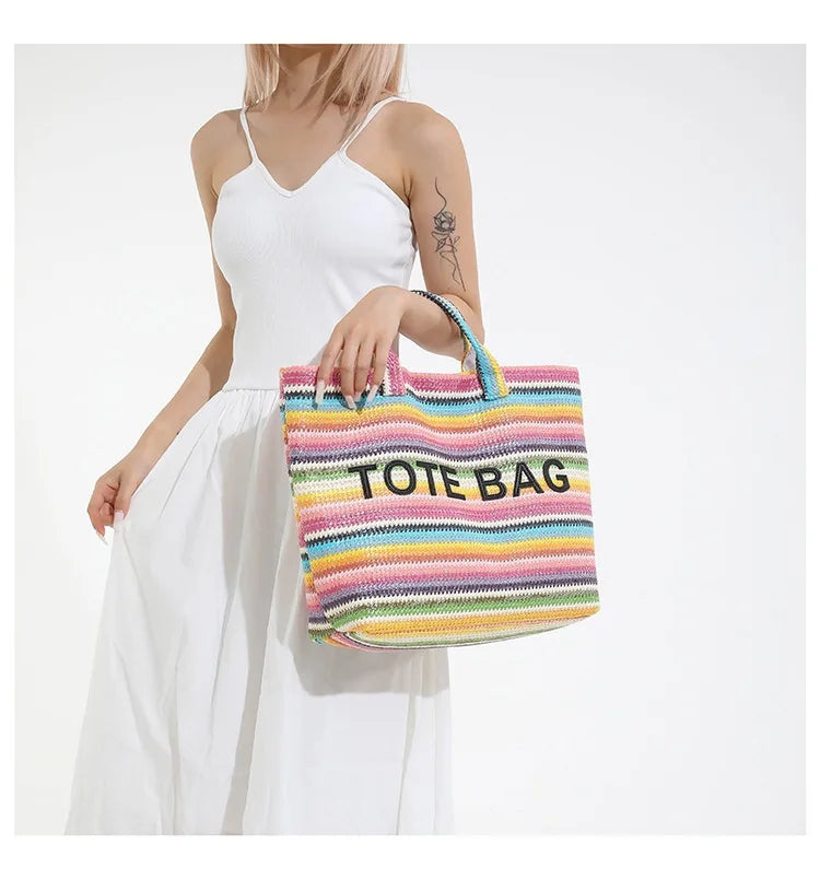 New straw woven bag, large capacity tote bag, crossbody striped letter contrasting beach bag