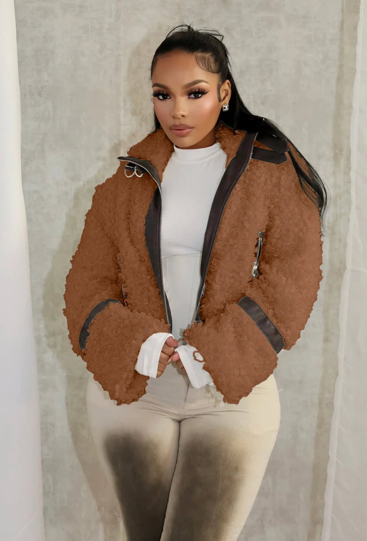 Winter Faux Fur Patchwork Leather Jacket for Women