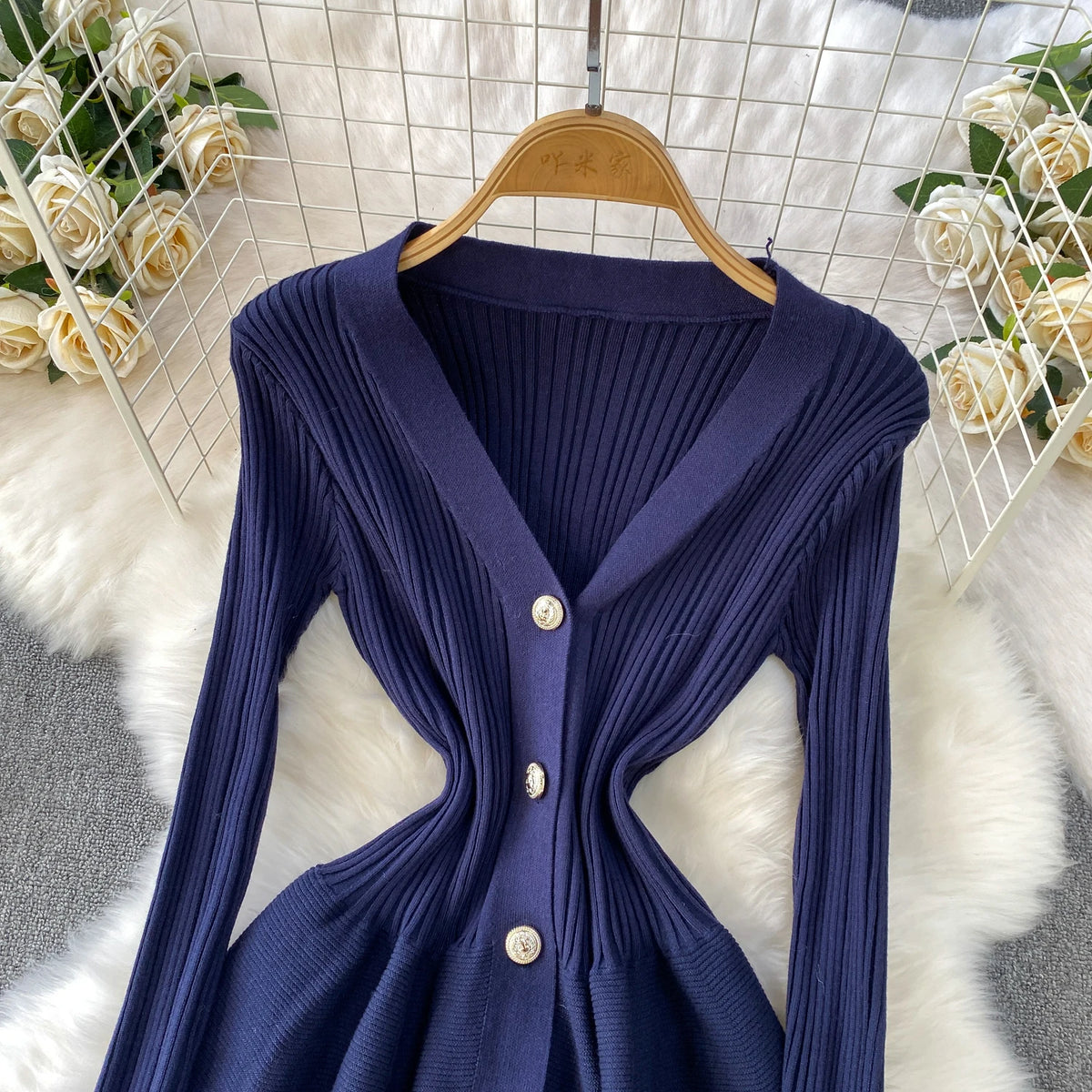 V Neck Knit A Line Long Sleeve Mini Dress for Women