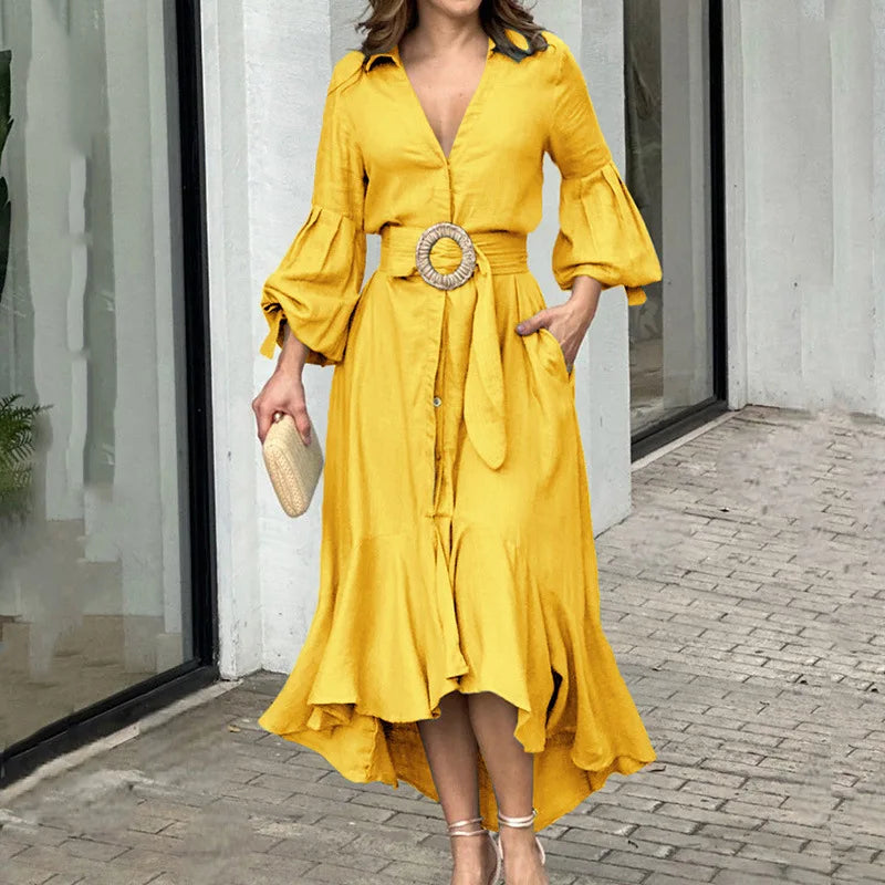 Casual Summer Dress With Turn Down Collar And Pockets for Women