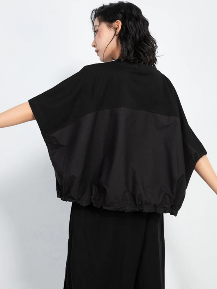[EAM] Women Black Drawstring Big Size Casual T-shirt New Round Neck Short Batwing Sleeve Fashion Tide Spring Summer 2025 1DJ1031