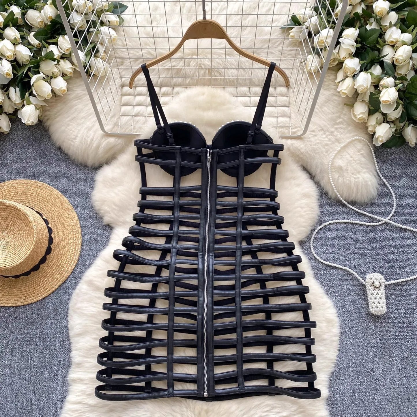Hollow Cut Out Rhinestone Strapless Suspender PU Leather Dress for Women