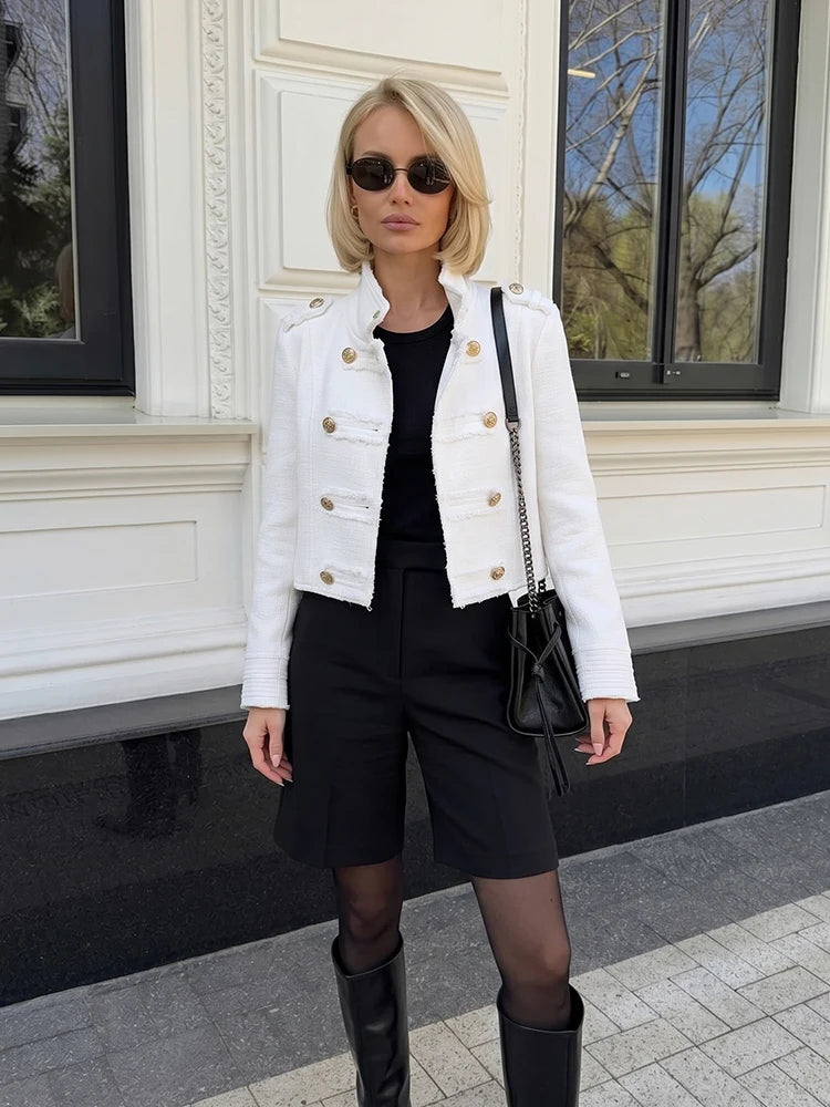 White Tweed Cropped Jacket With Gold Buttons for Women