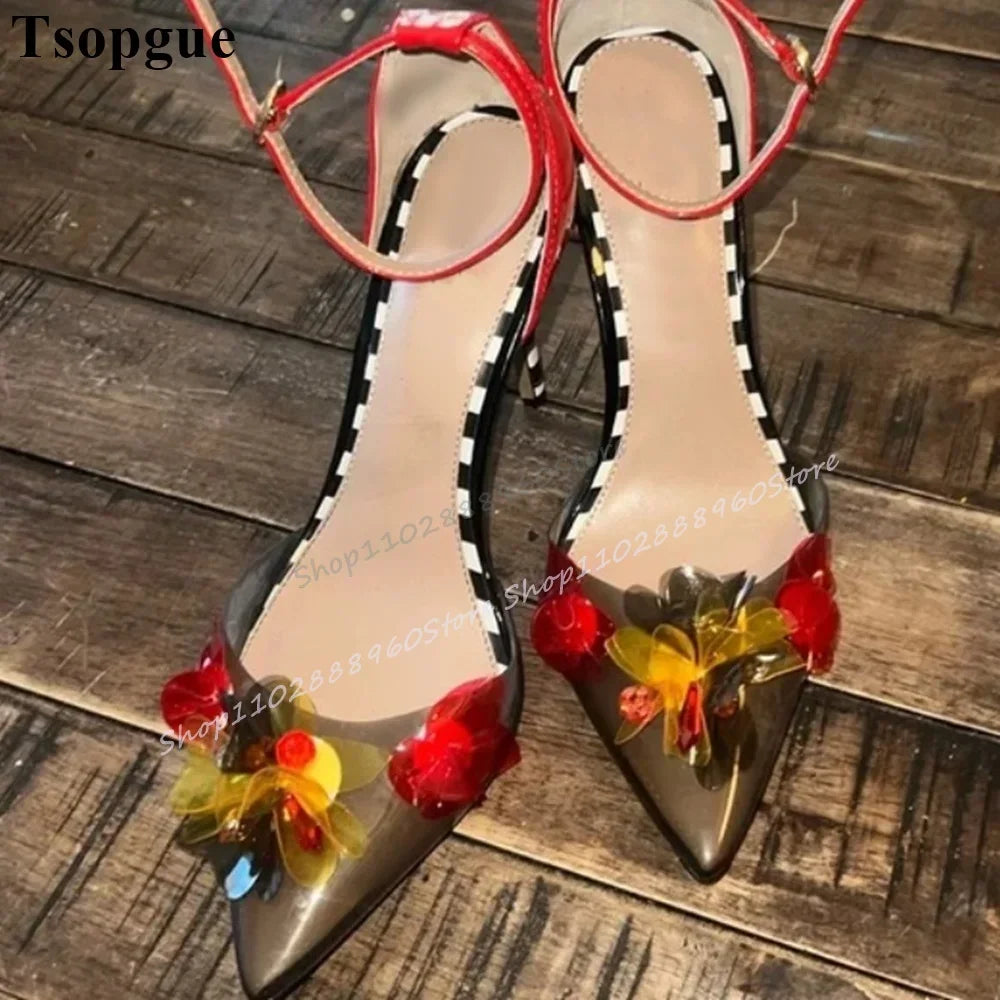 Mixed Color PVC Flower Decor Sandals Thin High Heel Women Shoes Ankle Buckle Strap Pointed Toe 2025 Fashion Zapatos Para Mujere