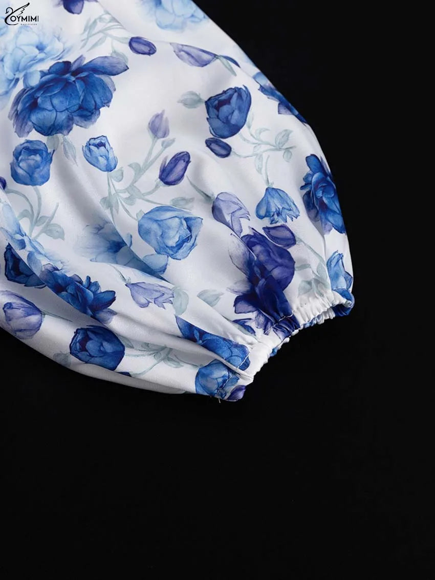 Oymimi Fashion Blue Print Womens Dresses Elegant V-Neck Long Sleeve Zipper Dresses Casual High Waist Pleated Mini Dress Female