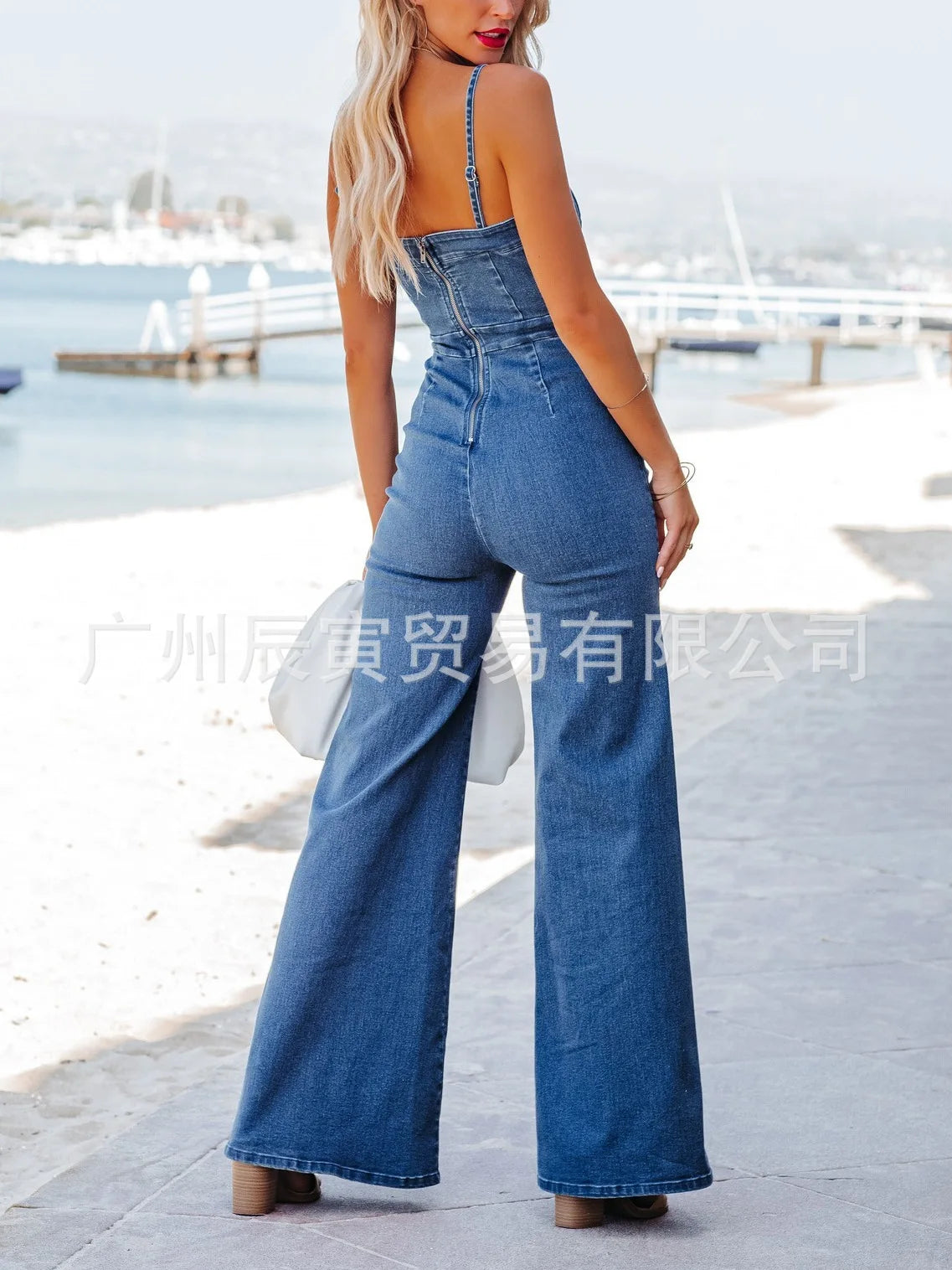 Stretch Denim Halter Jumpsuit with Slim-Fit Silhouette for Women