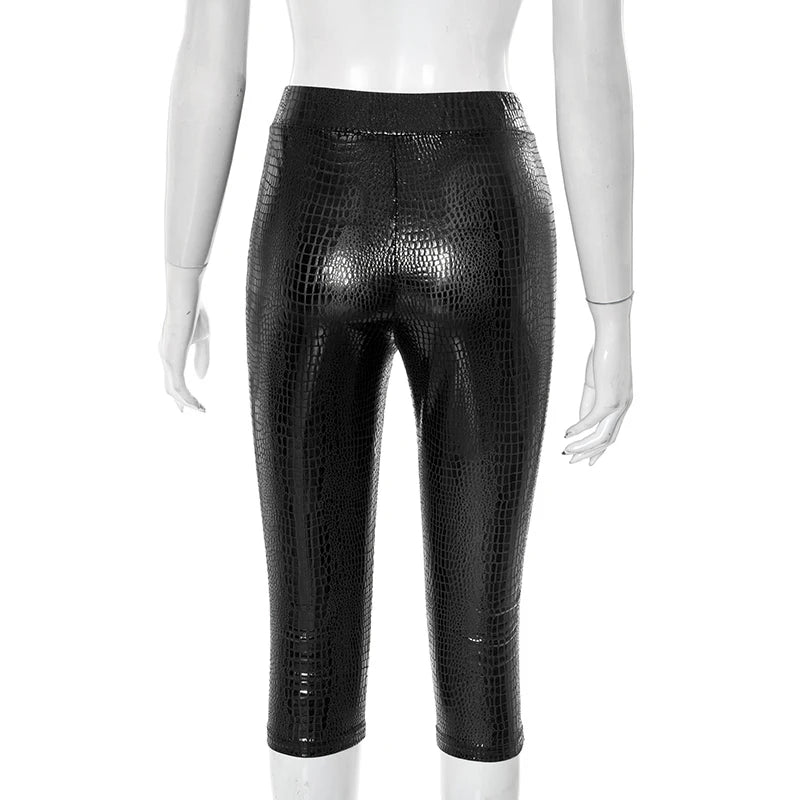 CUTENOVA Sexy Snake Print Solid Color Glossy Elastic High-Waisted Seven-Minute Casual Pants Summer New Women'S Clothing