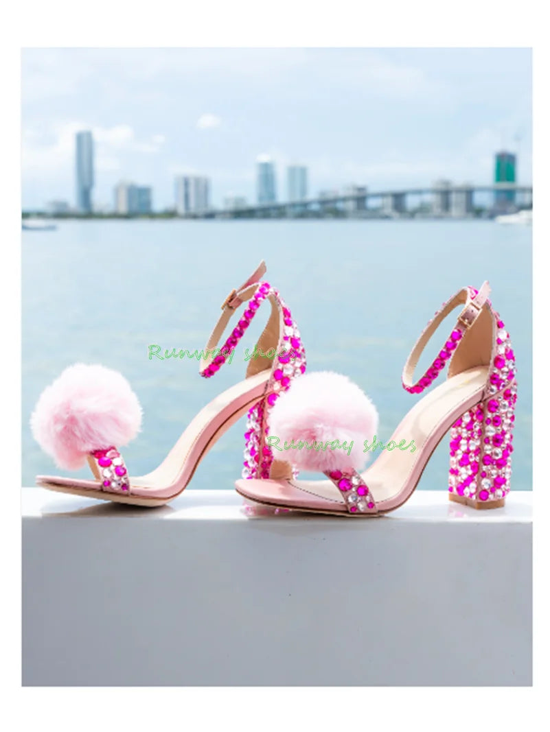 Elegant Rhinestone Open Toe Square Heel Sandals for Women