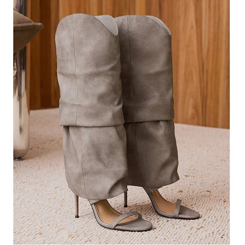 Pointed Toe Knee High Thin Heel Leather Boots for Women