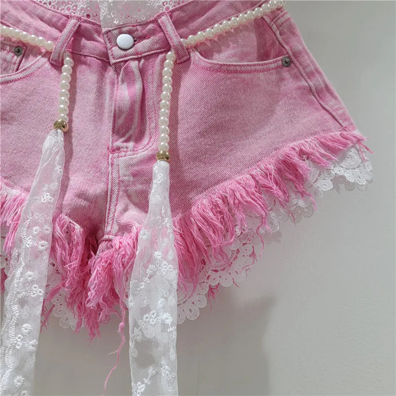 Crochet Lace Trim Raw Hem Denim Shorts With Pearl Belt For Women