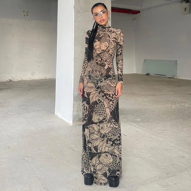 Long Sleeve Mesh Maxi Dress with Stripe Print for Women
