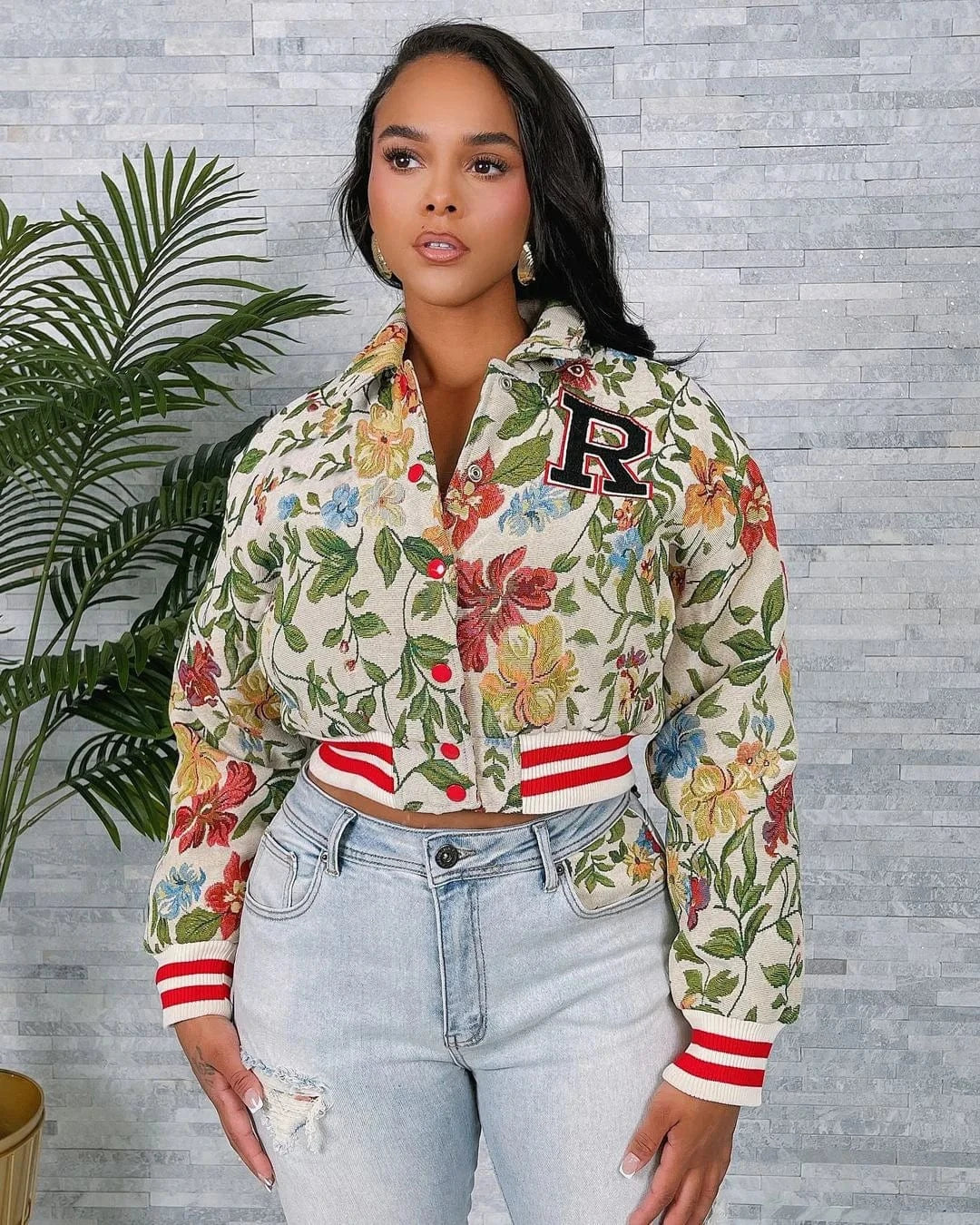 Streetwear Floral Print Short Jacket Sexy Women Turn Down Collar Elegant High Street Club Coat Outerwear