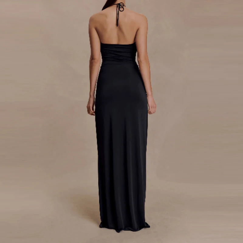 Elegant Sleeveless Draped Halter Evening Dress for Women