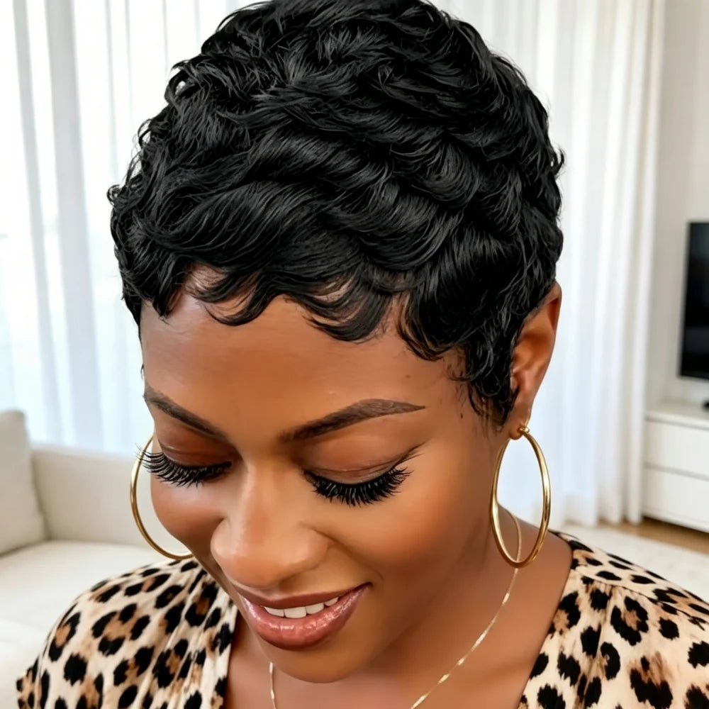 Natural Black Short Curly Pixie Human Hair Wig for Women
