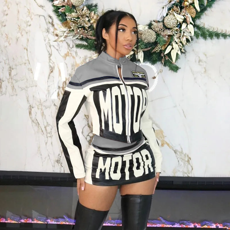 Y2K Faux Leather Motorcycle Jacket And Skirt Set for Women