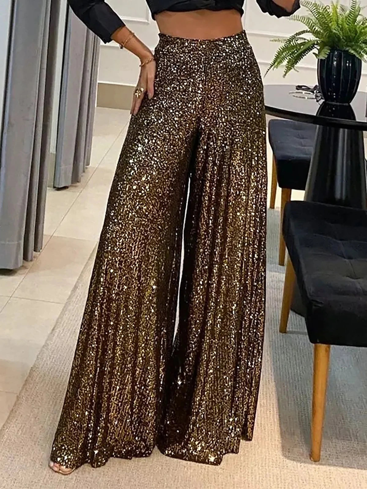 Elegant High Waisted Pleated Chiffon Wide Leg Pants for Women
