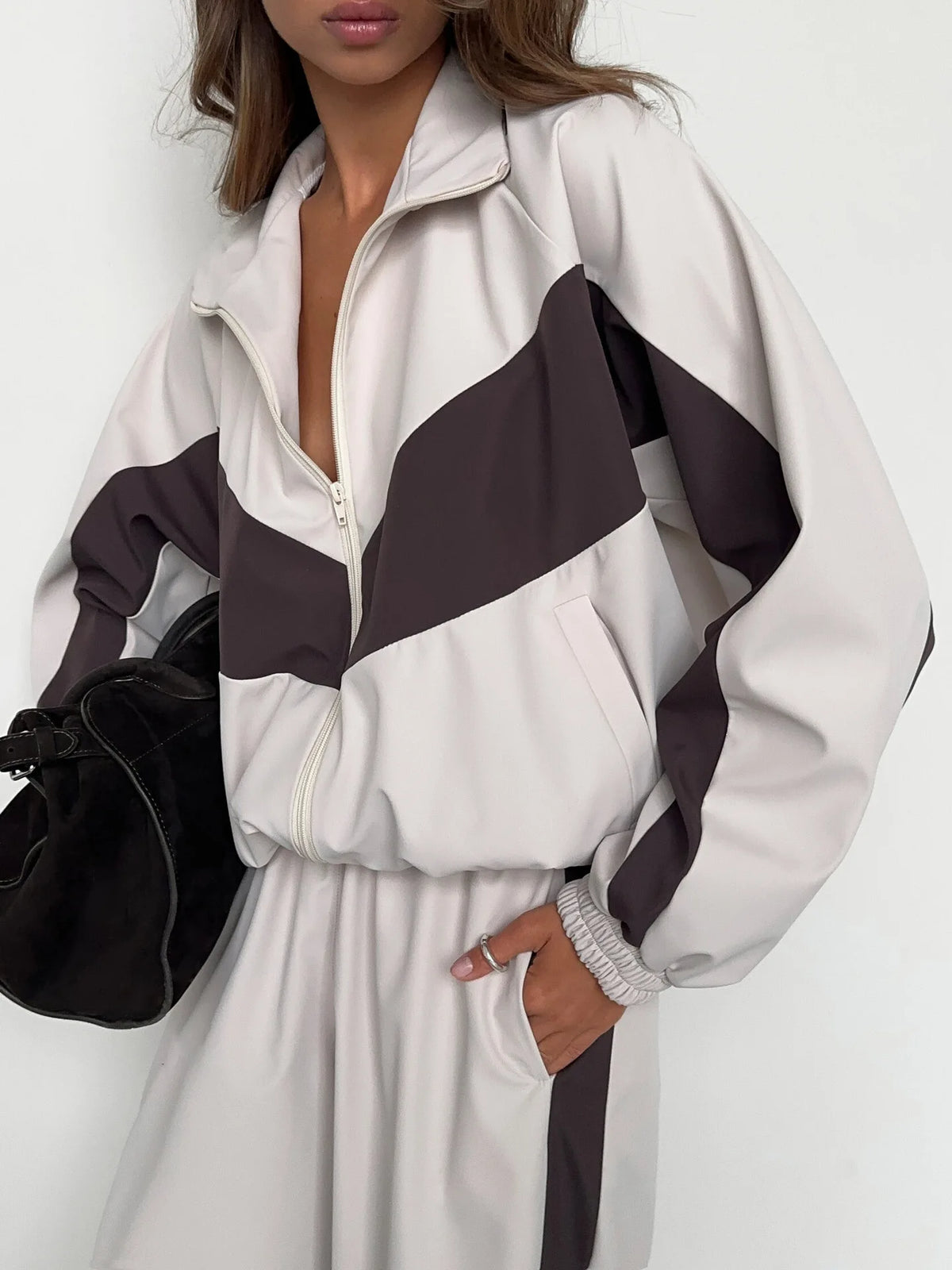 Casual Contrast Color Zipper Tracksuit Set for Women