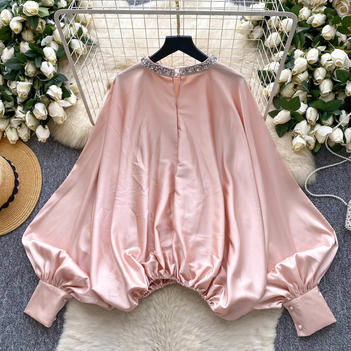Elegant Beaded Satin Batwing Sleeve Blouse for Women