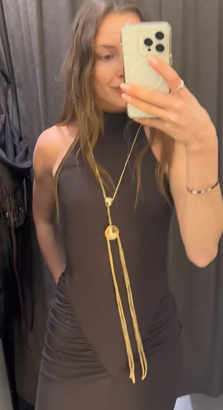 Elegant Metal Chain Pleated Dress Women Sleeveless Off Shoulder Patchwork Slim Long Dresses 2025 New Lady Evening Party Vestidos