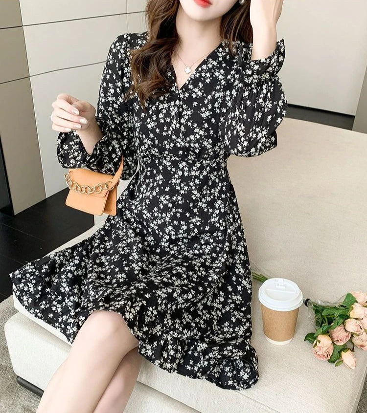 Floral Woman Long Sleeve Dress Chic And Elegant Pretty High Quality Flower Luxury Outfits Casual Youth Midi Dresses for Women