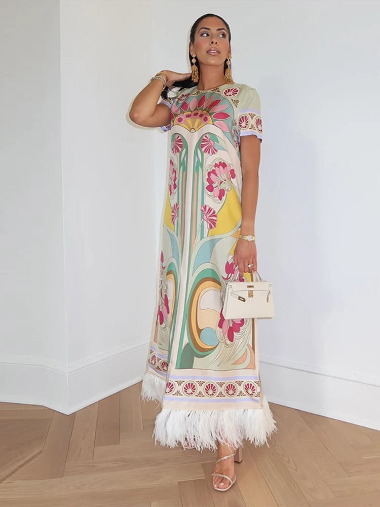 Elegant Floral Print Feather Hem Maxi Dress For Women