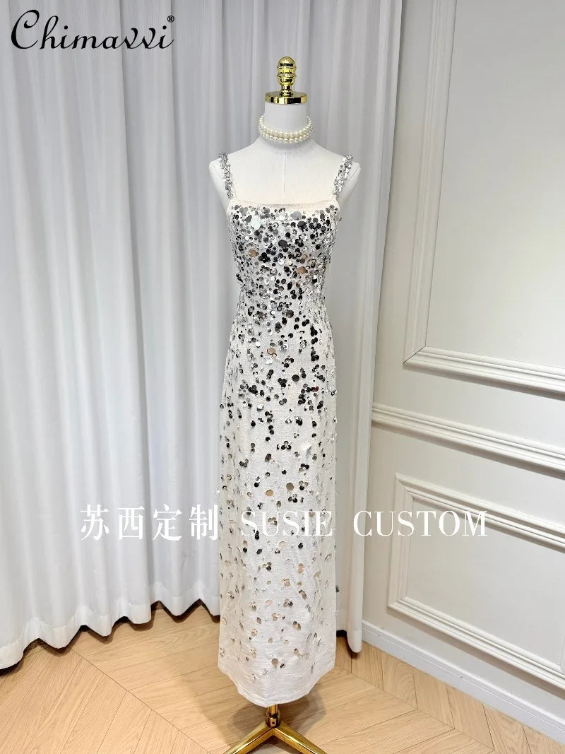 High-End Design Light Luxury Heavy Gradient Beaded Sequin Strap Split Long Dress Women's Birthday Party Elegant Gown Dresses