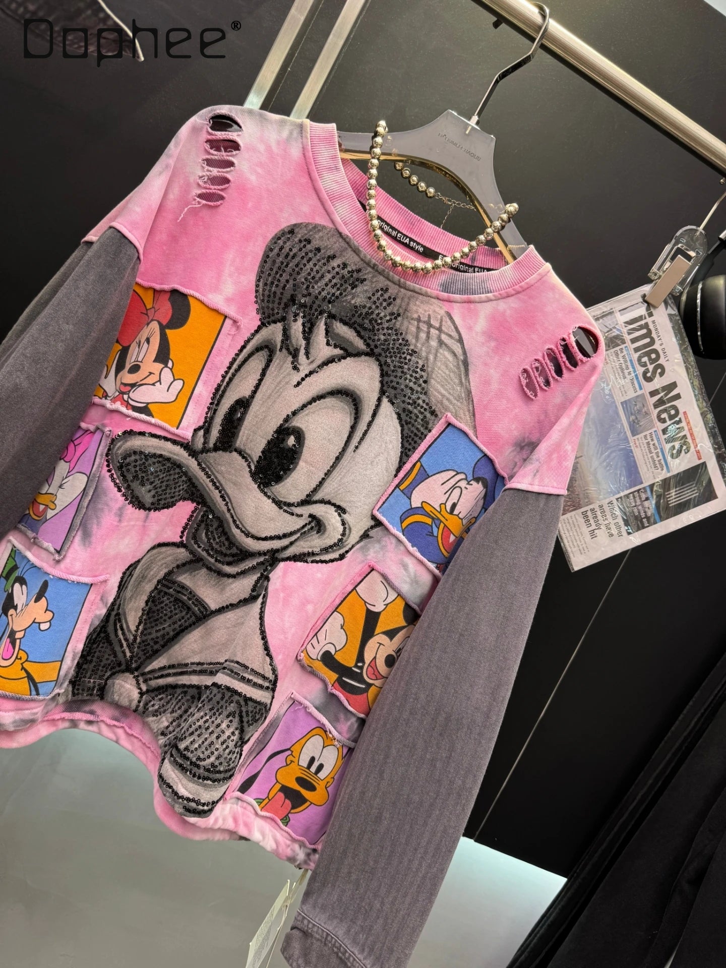 Autumn New Heavy Stitching Denim Trendy Brand Cartoon Duck Gradient Color Round Neck Fashion Pullover Sweatshirt for Women