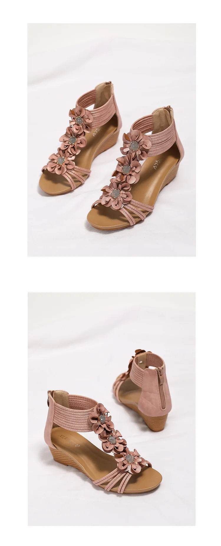 Bohemian Floral Vintage Leather Wedge Sandals for Women
